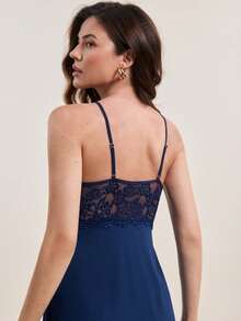 Hourtrue Conjunto de pijama con camisón de tirantes con volantes de encaje de contraste y bata - Azul Marino - Ver 10