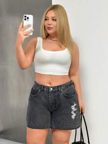SHEIN Women Washed Detail High-Rise Plus Size Elastic Waist Denim Shorts - Dark Grey - View 6