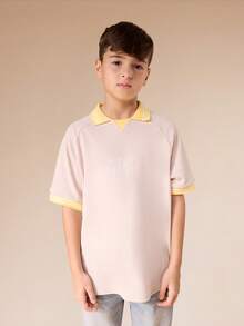 SUMWON Camisa polo de manga corta casual de verano para niños preadolescentes con cuello y puños de contraste amarillo - Caqui - Ver 5