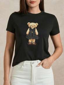 Briarwyn 夏季女士纯棉休闲小熊印花刺绣短袖T恤，夏季穿搭，女士度假装，复古风格，黑色T恤，可爱图案T恤，女士可爱T恤，女士可爱衬衫，女士T恤，女士图案T恤，小熊T恤，卡通T恤，女士可爱衬衫，女士T恤 - 黑色 - 查看 4