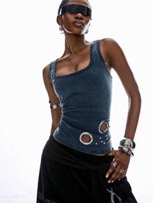 LYSMO 女士纯色U领宽肩带镂空修身时尚夏季吊带衫 - 藍色 - 查看 3