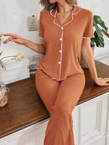 SHEIN 女士焦糖色极简V领短袖上衣和裤子家居服套装，轻盈花卉雪纺面料，休闲舒适 - 焦糖色 - 查看 6