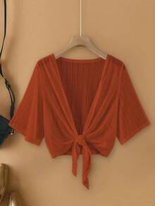SHEIN LUNE Plus Size Women Elegant Lace Mesh Sheer Sleeve Beach Cover Up Jacket - Rust Brown - View 1