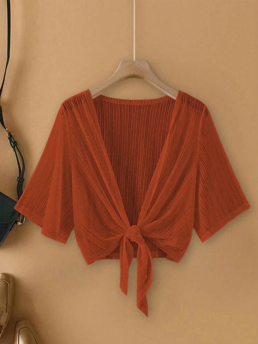 SHEIN LUNE Plus Size Women Elegant Lace Mesh Sheer Sleeve Beach Cover Up Jacket - Rust Brown - View 1