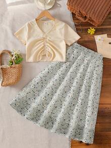 Tween Girl Summer Drawstring V-Neck Short-Sleeved T-Shirt And Mid-Length Floral Chiffon Skirt Set. - Multicolor - View 3