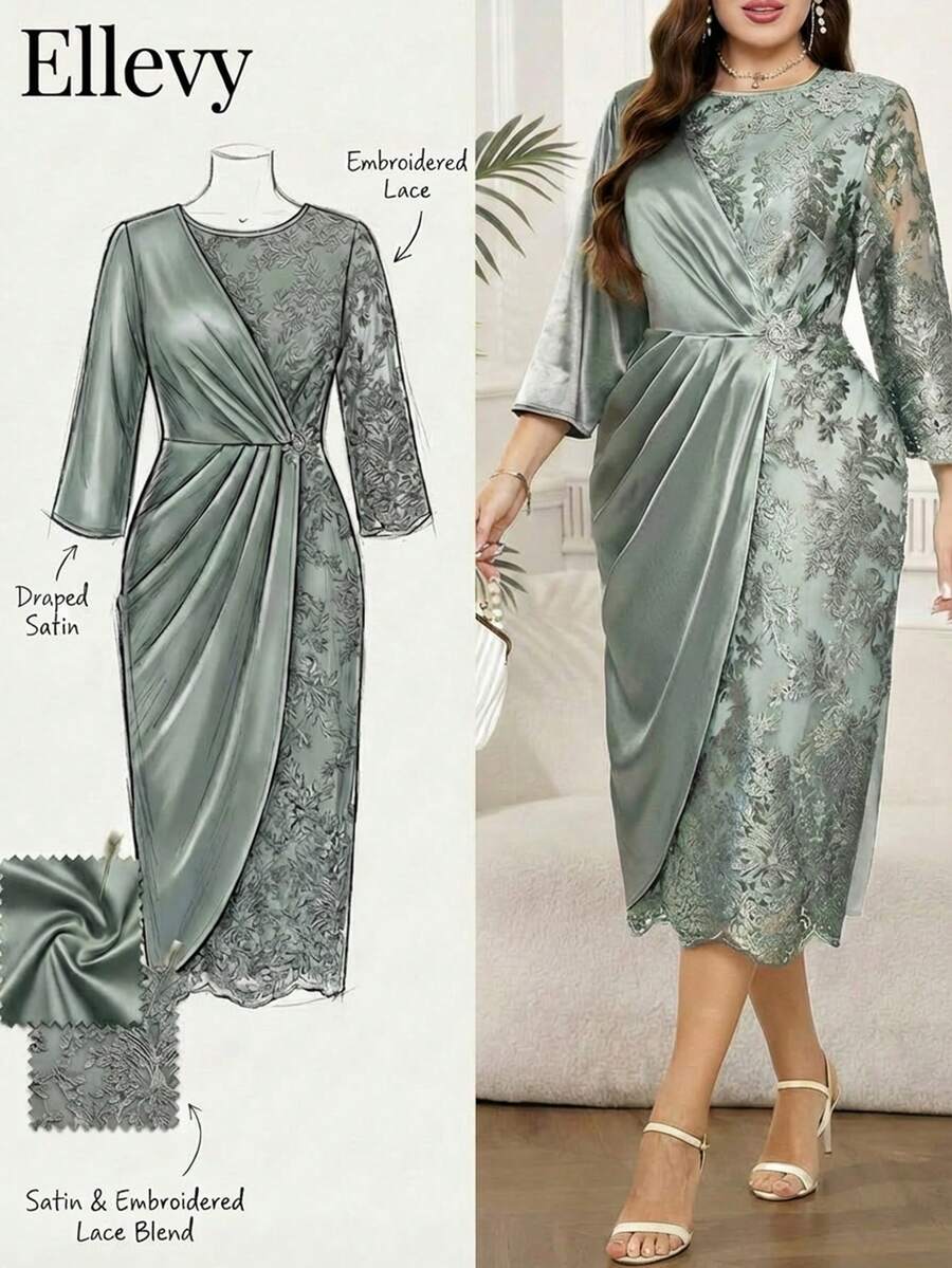 Ellevyn 大码女式提花圆领七分袖优雅褶裥连衣裙