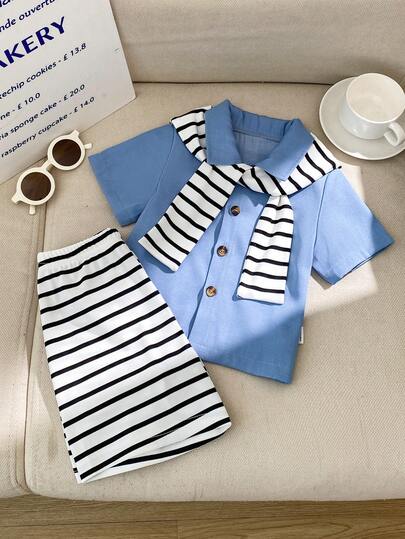 Souflis Souflis 3件套男婴幼儿新生儿0-3岁春夏休闲绅士度假风短袖衬衫、蓝白条纹短裤、可拆卸披肩三件套