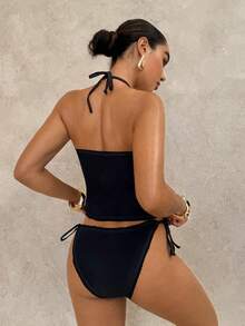 Swim Glamine 女士印花露背系带吊带背心式上衣和三角吊带式泳裤套装，度假沙滩新款女士泳装泳衣套装，女士沙滩泳装，女士聚拢泳衣，女士塑形泳衣 - 粉色 - 查看 2