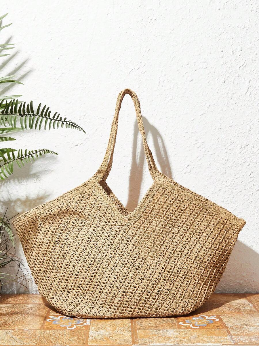 SHECARRY Tas Tangan Wanita Anyaman Modis, Tas Tote Bahu Kapasitas Besar - Khaki - View 1