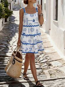 Breezaya Women's New Fashion Sun Face Print Spaghetti Strap Woven Dress - Multicolor - View 1