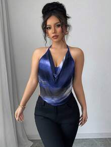 Selianne Áo kiểu nữ cổ yếm hở lưng nhuộm tie-dye, phong cách thường ngày đa năng, thích hợp cho hẹn hò và đi chơi. - Xanh đậm - Xem 3