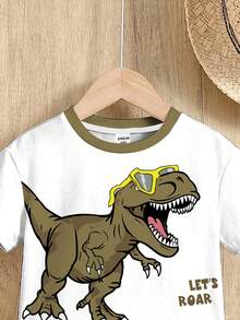 SHEIN Bộ áo thun ngắn tay cổ tròn tay ngắn dáng rộng thoải mái tối giản dành cho bé trai phong cách Y2K, họa tiết hoạt hình, thiết kế dễ thương, hình khủng long, retro Mỹ, thích hợp mặc trong thời trang thường ngày. - Nhiều màu - Xem 5