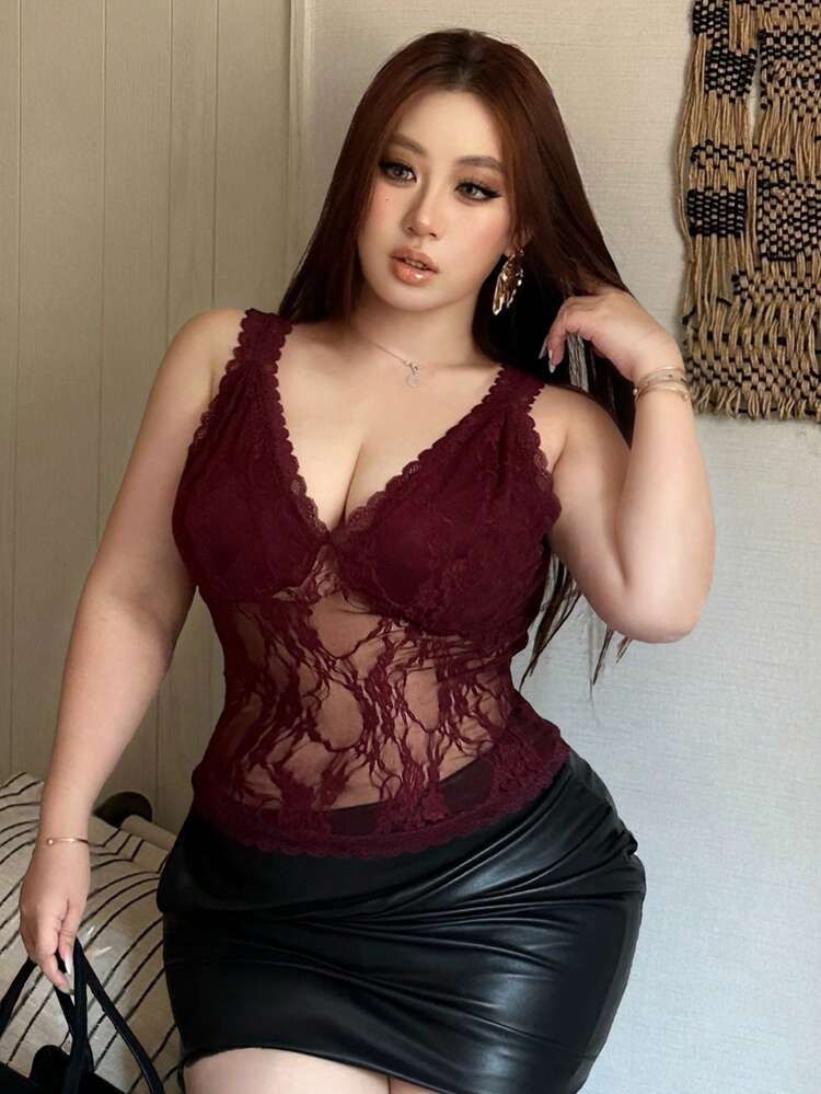 Dazy Plus Plus Size Sexy Lace V-Neck Sheer Lingerie Top, Summer