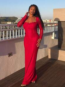 Tyla Gomez 女士新款秋冬派对约会夜性感 S 形蕾丝长袖胸罩杯鱼骨方领紧身连衣裙，黑色 - 酒紅色 - 查看 1