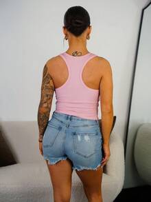 SAYEHFBABY Women Y2K Rhinestone Letter Print Slim Crop Tank Top For Summer Graphic Tees Women Tops - Pink - View 2