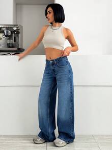 SHEIN Women's Pocketed Wide Leg Loose Casual Sexy Versatile Jeans Swimming Pastal - Medium Wash - View 4