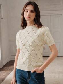 Anewsta Women's Solid Color Stand Collar Casual Versatile Daily Wear Knit Short Sleeve Top - Beige - View 7