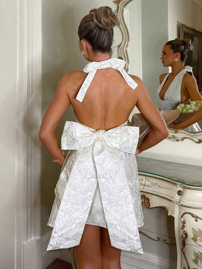 Glamine Charm French Chic White Jacquard Halter Deep V Mini Dress With A High-Waist Fit & Flare A-Line Skirt For A Slimming Look And A Playful Hem. Perfect For Afternoon Tea,Tea Party, Garden Party, Date Night, Birthday, Cocktail, Photoshoots, And Vacation Resort Wear,Suitable As An Afternoon Tea Dress , Tea Party Dress, Garden Party Dress, Cottagecore Dress, Picnic-Style Summer Sundress, And Vacation,Resort Outfit