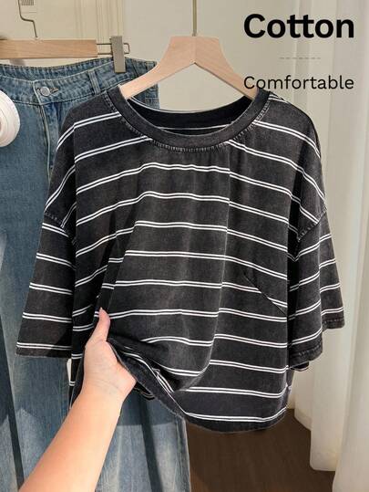 Comfortcana Koszulka z krótkim rękawem i nadrukiem w dużych rozmiarach, z kwiatowym haftem 3D, z bawełny spranej, wiosna/lato