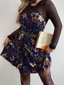 SHEIN CURVE+ 大码女装新款圆领复古休闲学院风暗黑朋克风印花拼接网纱星形缎带装饰A字长袖连衣裙，适合日常穿着、办公室、感恩节、新年派对、节日、生日派对、音乐节、情人节、春夏等场合。 - 藏蓝色 - 查看 6