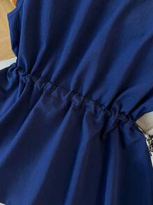 GlowEve CURVE 大码女士优雅纯色V领开衫，纽扣闭合，宽松腰身，撞色围巾系带无袖上衣 - 藏蓝色 - 查看 5
