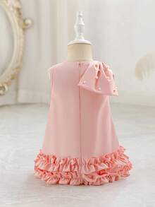 SHEIN Glamorique Kids 女婴优雅蝴蝶结3D花朵装饰无袖连衣裙，适合婚礼、派对、生日、度假、拍照、夏季等场合 - 粉色 - 查看 2