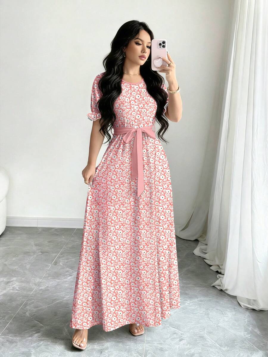 Modelyn 女款粉色碎花夏季波西米亞度假茶會圓領短袖泡泡袖紅色小碎花洋裝附腰帶收腰優雅休閒 - 彩色 - 查看 1