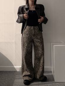 DAZY 女士豹纹韩版水洗渐变休闲牛仔裤 - 藍色 - 查看 2