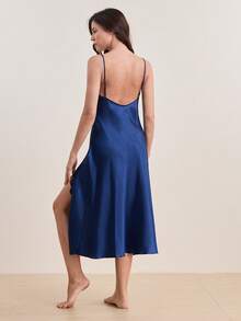 Camisón de satén con vestido de noche con abertura en el muslo y ribete de encaje - Azul Marino - Ver 2