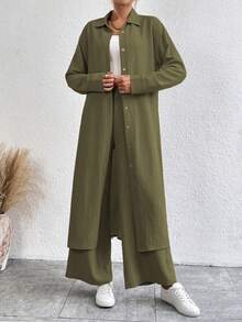 SHEIN LUNE Women's Solid Color Long Sleeve Single-Breasted Long Shirt And Pants Casual 2 Pieces Set - Army Green - View 6