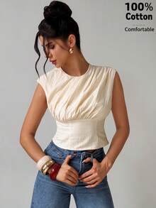 Firerie 女士简约优雅日常通勤修身衬衫，杏色无袖褶裥腰身衬衫，休闲度假、教师装、休闲服饰 - 杏色 - 查看 8