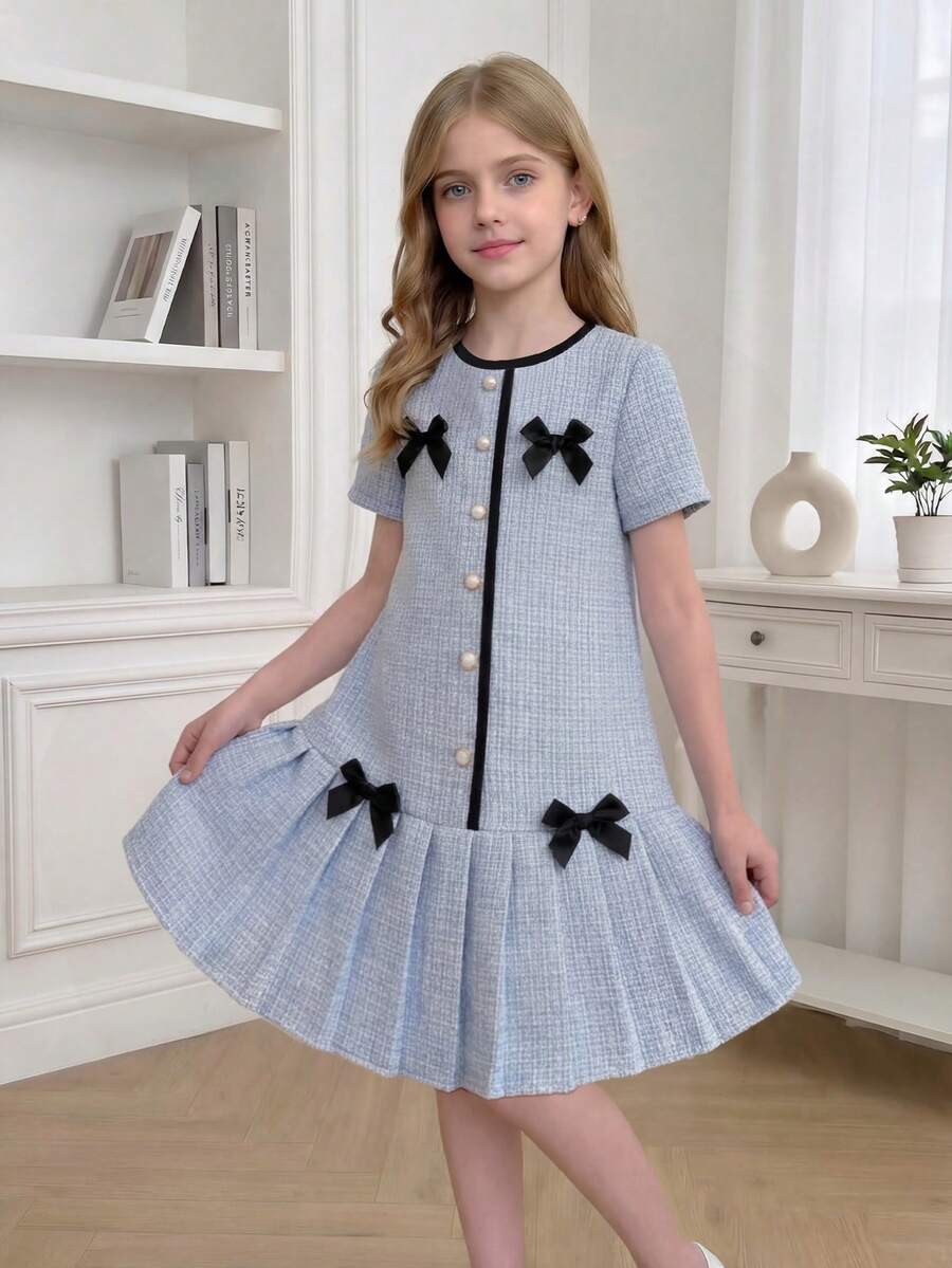Elladie kids 1 chiếc đầm ngắn tay xếp ly, trang trí nơ, dành cho bé gái tuổi teen, mùa hè. - Màu xanh lam - Xem 1