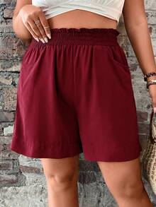 EMERY ROSE Quần short nữ cỡ lớn màu trơn, có bèo nhún, dáng rộng, có túi, kiểu dáng thường ngày. - Màu Đỏ Sâu - Xem 5