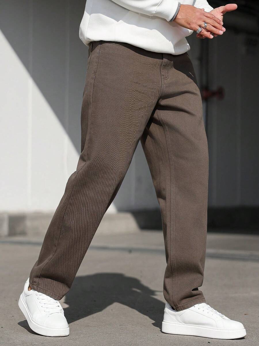 Manfinity Homme Plus Size Men's Casual Straight Loose Fit Jeans With Pockets - Coffee Brown - View 1
