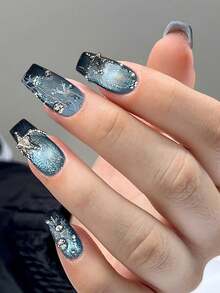 Móng giả acrylic thủ công họa tiết mắt mèo băng tuyết xanh dương, bông tuyết pha lê, dán móng. Họa tiết bông tuyết lấp lánh, móng giả kiểu Pháp, móng giả dài hình quan tài, dụng cụ làm móng tự làm, có thể tái sử dụng, thích hợp dùng hàng ngày. - Màu xanh nhạt - Xem 1