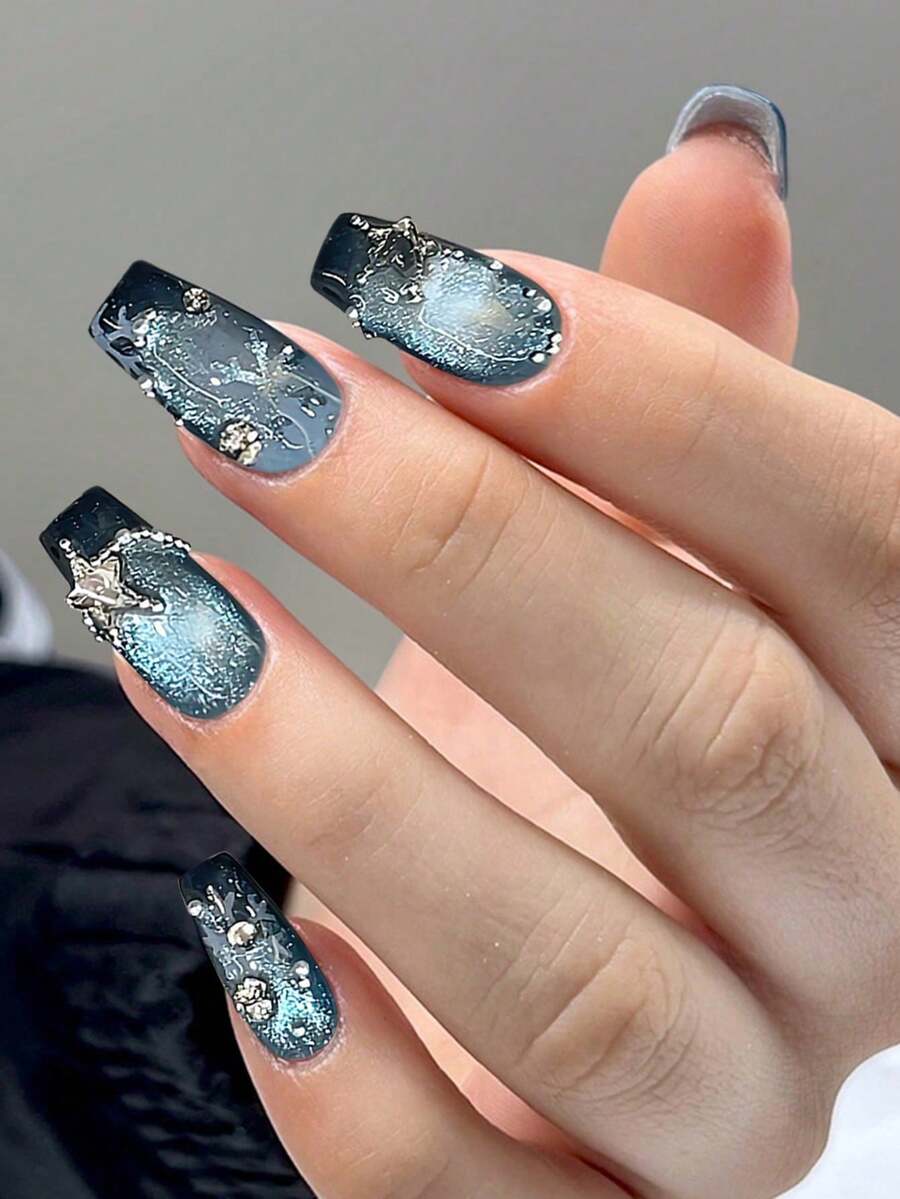 Móng giả acrylic thủ công họa tiết mắt mèo băng tuyết xanh dương, bông tuyết pha lê, dán móng. Họa tiết bông tuyết lấp lánh, móng giả kiểu Pháp, móng giả dài hình quan tài, dụng cụ làm móng tự làm, có thể tái sử dụng, thích hợp dùng hàng ngày. - Màu xanh nhạt - Xem 1