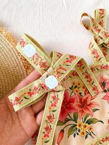 少女碎花吊带连衣裙，优雅度假风连衣裙，荷叶边下摆和蝴蝶结肩带，A字廓形，适合外出、度假和上学，春夏款 - 彩色 - 查看 5