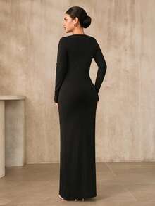 Graceveil Damen Einfarbiges Kleid mit rundem Ausschnitt, Langarm, Knopfdesign, elegantes Kleid, Knopfkleid, Langarmkleid, Bodycon-Kleid, Rippstrickkleid, Damen Maxikleid - Schwarz - Übersicht 5