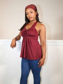 Steph T 女士酒红色扭纹后背挂脖背心 - 酒紅色 - 查看 6