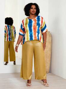EMERY ROSE Plus Size Colorful Round Neck Top & Solid Pants 2 Pieces Set Women's Summer Casual Outfit,Mustard Yellow,Autumn,Boho,Vacation,Holiday Beach Festival - Multicolor - View 4