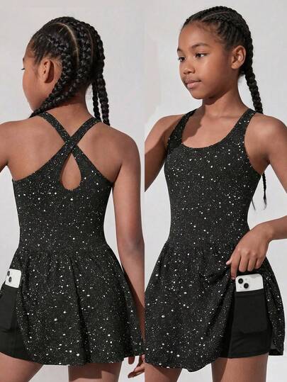 SHEIN 少女休闲运动体操瑜伽闪亮优雅高弹力箔针织露背连体裤，黑色