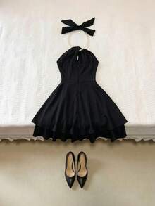 Trelyra Elegantes Damen-Kleid mit Halskrause und Tortendekor - Schwarz - Übersicht 2