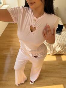 Sunnyshic American Baddie 情人节限量版心形镂空修身短袖T恤和紧身裤两件套 - 粉色 - 查看 4