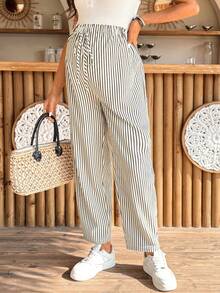 SHEIN 孕妇弹力腰条纹可调节裤 - 彩色 - 查看 4