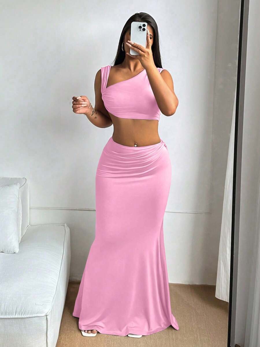 Zolique Women's Clothing Sumeer Clean Fits Solid Asymmetrical Neck Crop Top & Mermaid Hem Skirt Grey Design Sense 2 Pieces Set - Pink - View 1