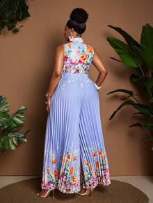 Maweii Plus Size Women's New Elegant Tie-Waist Sleeveless Pleated Wide Leg Jumpsuit, Floral Print Fabric, Versatile For Resort, Beach, Spring/Summer Fall - Multicolor - View 2