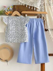 Elladie kids Bộ áo thun ngắn tay cài cúc sau lưng và quần dài thường ngày cho bé gái (nhỏ). - Màu xanh lam - Xem 2