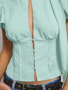 Aralina Lightweight Woven Fabric High Neck Scarf Detail Button Front Petal Sleeve Fitted Silhouette Summer Outfits For Women Going Out Tops Cute Top - Mint Green - View 5