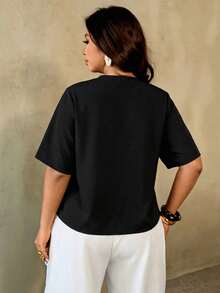 Auralis Plus Size Summer Casual Solid Color Batwing Sleeve Shirt - Black - View 3