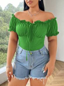 Flirla Camiseta casual y versátil de diario para mujer talla grande, de unicolor, con hombros descubiertos y fruncido con retorcido - Verde - Ver 6